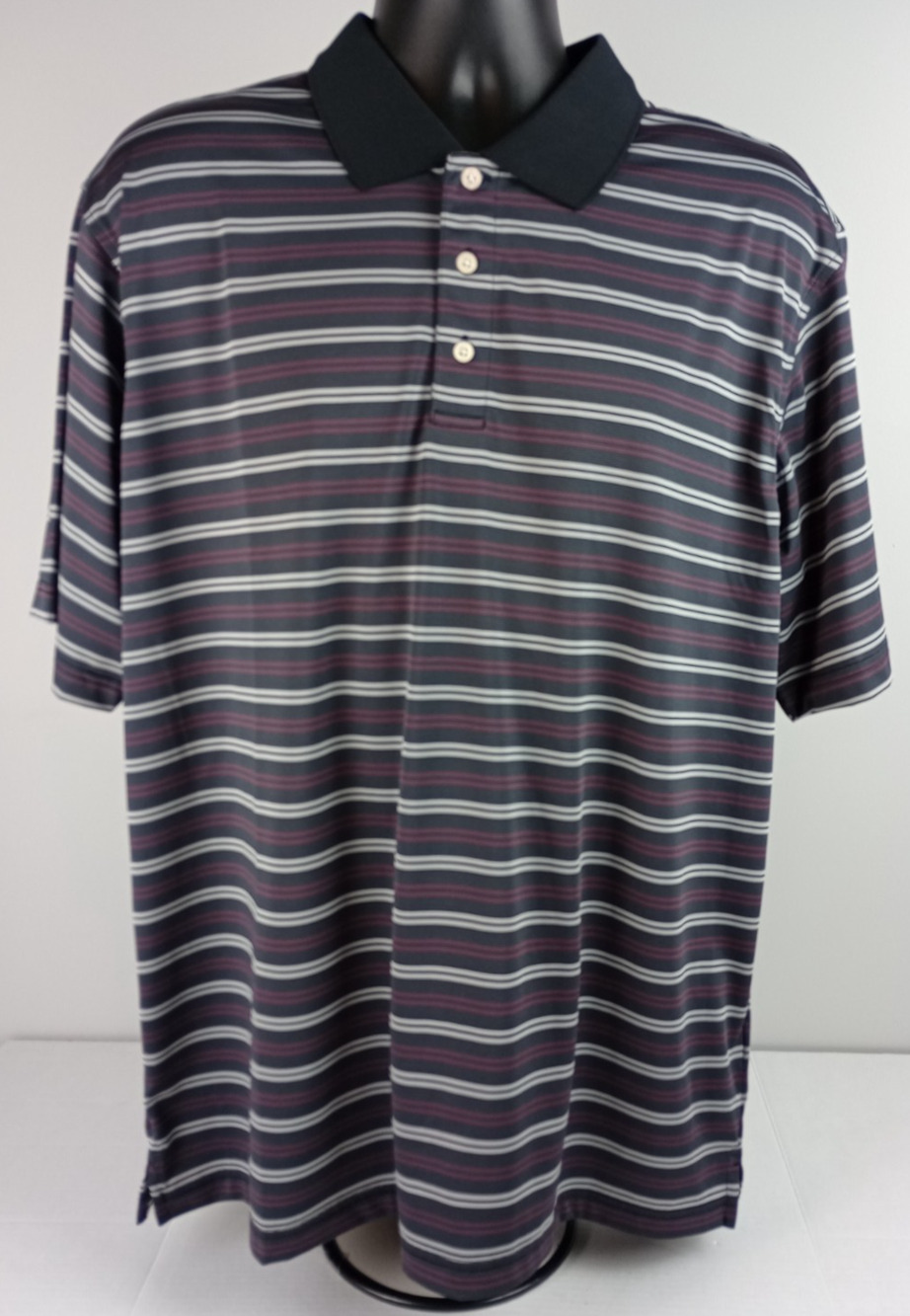 PGA Tour Men's XL Black Gray Purple Striped Golf Polo Short Sleeve Shirt